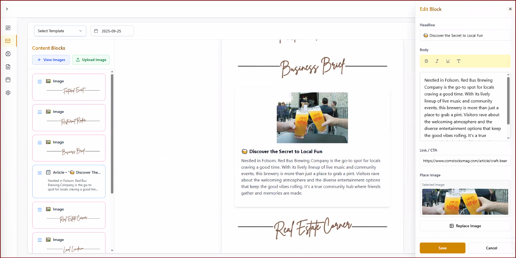 Local Newsletter OS drag-and-drop newsletter builder interface showing content blocks, live preview, and editing tools